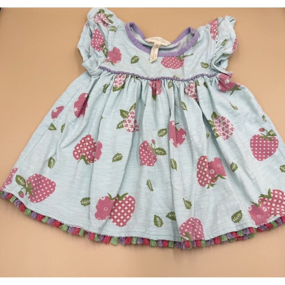 Matilda Jane Girls 4 Strawberry Print Tunic Top Cotton Stretch Fringe Hem Blue